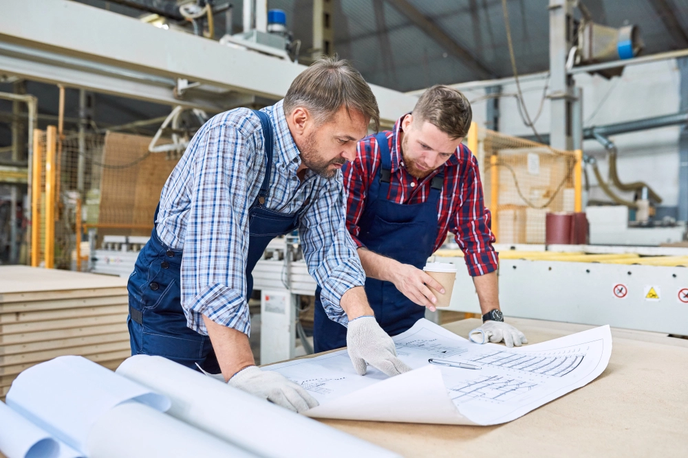 Deux techniciens analysant des plans de fabrication en atelier
